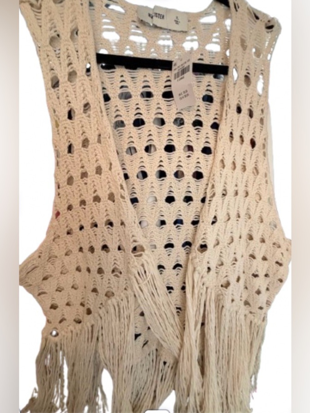 Hollister Cream Crochet Fringe Open Vest
